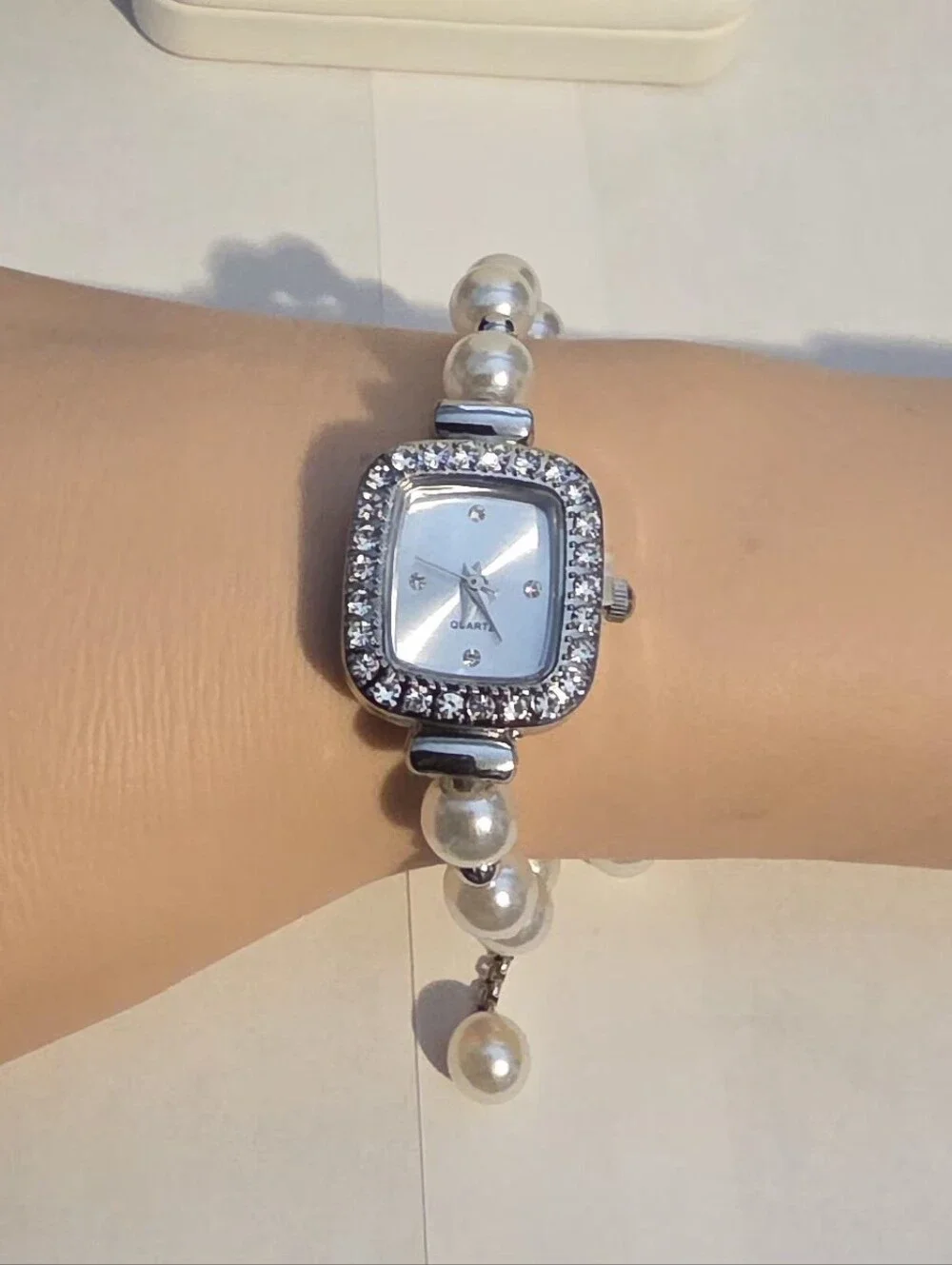 Silver Pearl Beaded Crystal Accent Women's Bracelet Watch